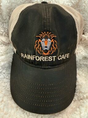 Rainforest Cafe, Brown Faux Leather, Tan Mesh  Cap; Orange, Silver & Tan Stitch